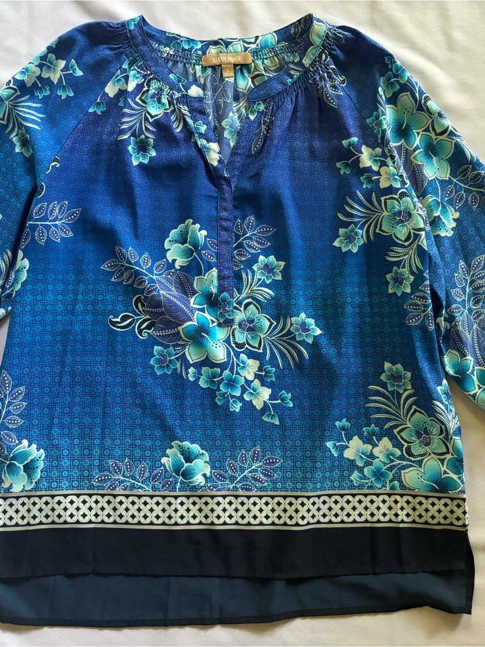 Ellen Tracy Blue Floral Split-Neck Blouse